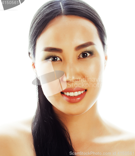 Image of young pretty asian woman with hands on face isolated on white background, stylish fashion healthcare people concept