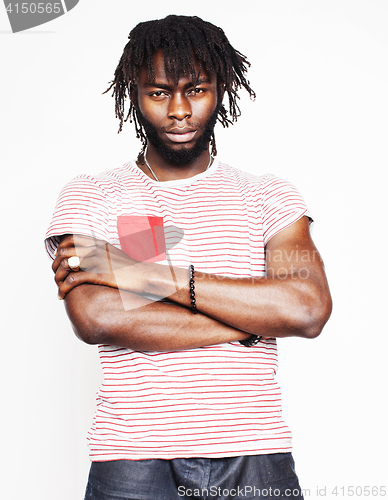 Image of young handsome african american boy singing emotional with microphone isolated on white background, in motion gesturing smiling, lifestyle people concept