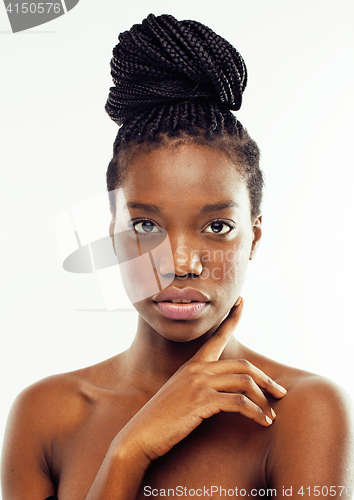 Image of young pretty african american woman naked taking care of her skin isolated on white background, healthcare people concept