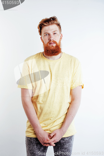 Image of young handsome hipster ginger bearded guy looking brutal isolated on white background, lifestyle people concept