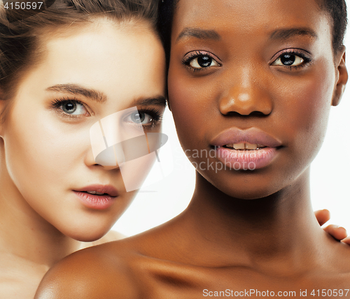 Image of different nation woman: african-american, caucasian together isolated on white background happy smiling, diverse type on skin, lifestyle people concept