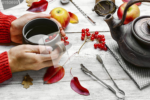 Image of Palm of your hand with cup of autumn tea