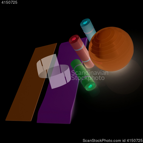 Image of karemat and fitness ball. 3D illustration