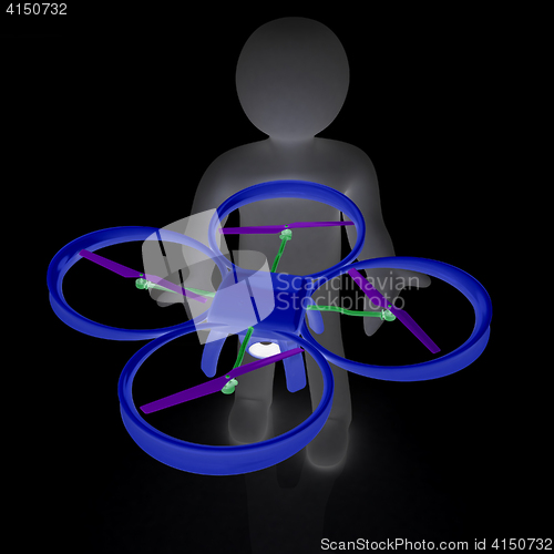 Image of 3d man with drone, quadrocopter, with photo camera. 3d render. 3