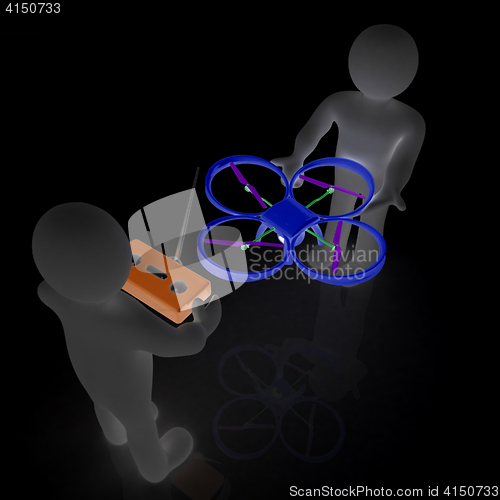 Image of 3d man with drone, quadrocopter, with photo camera. 3d render. 3