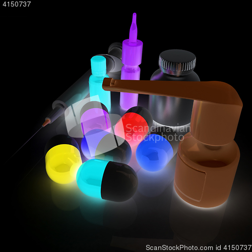 Image of Syringe, tablet, pill jar. 3D illustration