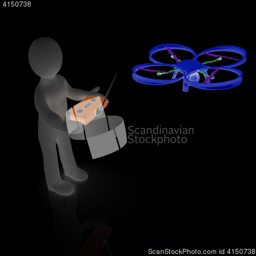 Image of 3d man with drone, quadrocopter, with photo camera. 3d render. 3