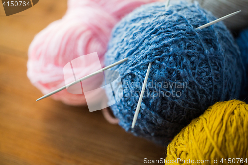 Image of close up of knitting needles and yarn balls 