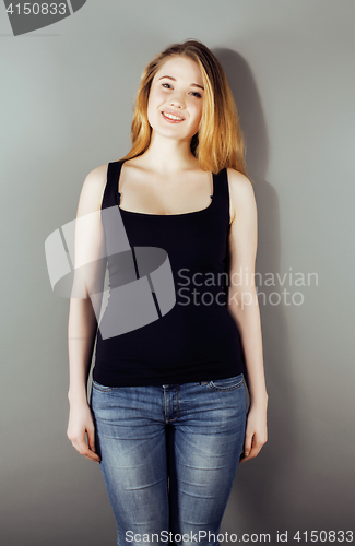 Image of cute young pretty girl thinking happy smiling on white background, lifestyle people concept