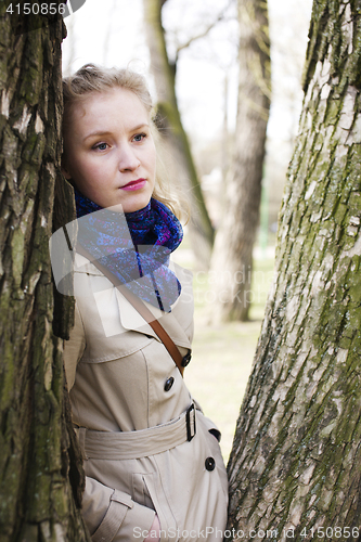 Image of young pretty blond woman smiling happy outside in spring park close up, lifestyle people concept