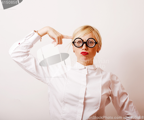 Image of bookworm, cute young blond woman in glasses, blond hair, teenage