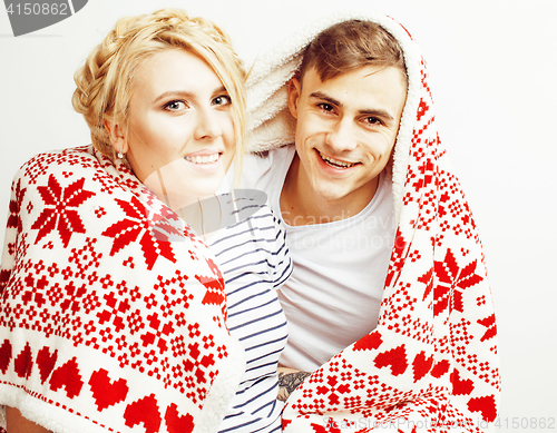 Image of young pretty teenage couple, hipster guy with his girlfriend happy smiling and hugging isolated on white background, lifestyle people concept, valentine design winter plaid