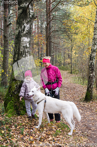 Image of Granny with her granddaughter and a dog walk in autumn Park  