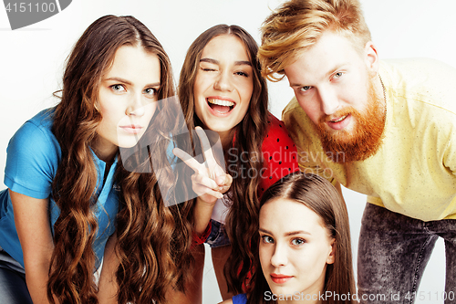 Image of company of hipster guys, bearded red hair boy and girls students having fun together friends, diverse fashion style, lifestyle people concept isolated on white background