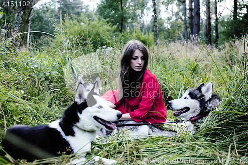 Image of woman in red dress with tree wolfs, forest, husky dogs mystery p