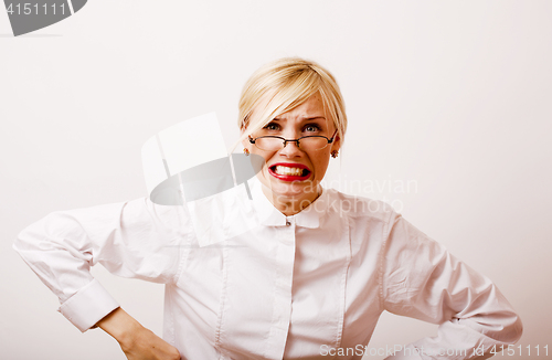 Image of very emotional businesswoman in glasses, blond hair on white bac