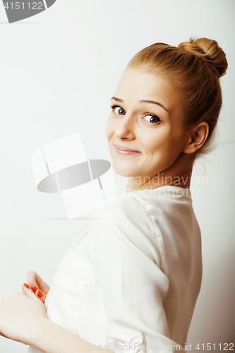 Image of young blond woman on white backgroung gesture thumbs up, isolate