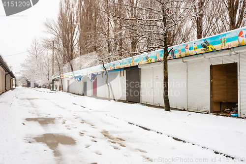 Image of Vityazevo, Russia - January 9, 2017: View of the winter closed and looted halls on the way to the sea in the resort village Vityazevo, Krasnodar region