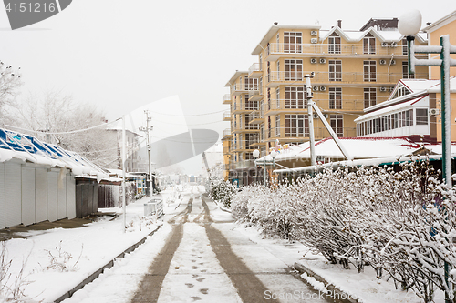 Image of Vityazevo, Russia - January 9, 2017: The passage to the sea and empty streets in the winter in the resort village Vityazevo, Krasnodar region