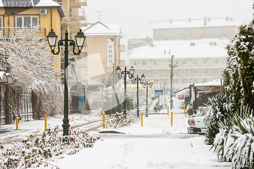 Image of Vityazevo, Russia - January 9, 2017: Winter snowy urban landscape in the resort village Vityazevo, Krasnodar region