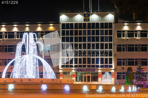 Image of Anapa, Russia - January 7, 2017: Night view of the administration of the city of Anapa resort and the fountain in the New Year\'s holidays