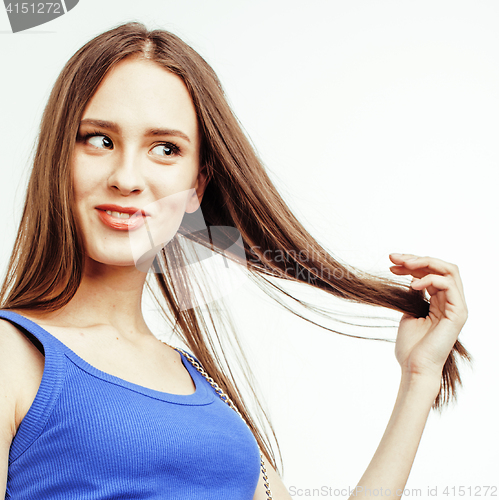 Image of young pretty brunette woman posing emotional isolated on white background thinking, lifestyle people concept