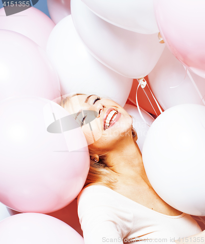 Image of young happy blonde real woman with baloons smiling close up, lifestyle people concept