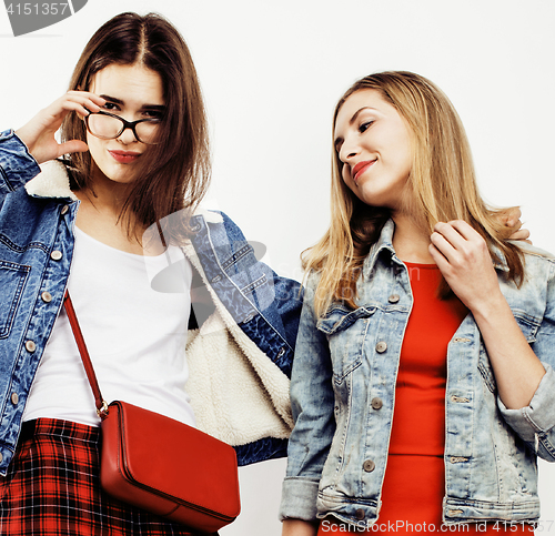 Image of best friends teenage girls together having fun, posing emotional on white background, besties happy smiling, lifestyle people concept