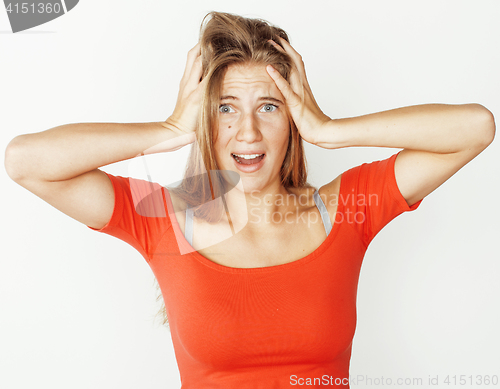 Image of young cute blonde girl posing emotional on white background isolated, lifestyle people concept