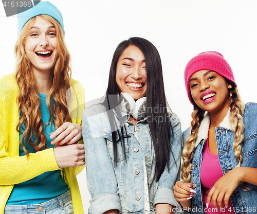 Image of diverse nation girls group, teenage friends company cheerful having fun, happy smiling, cute posing isolated on white background, lifestyle people concept