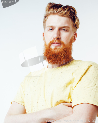 Image of young handsome hipster ginger bearded guy looking brutal isolated on white background, lifestyle people concept