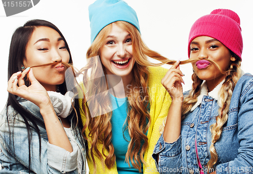 Image of diverse nation girls group, teenage friends company cheerful having fun, happy smiling, cute posing isolated on white background, lifestyle people concept