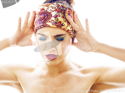 Image of young pretty modern girl with bright shawl on head emotional posing isolated on white background, asian people ethnicity