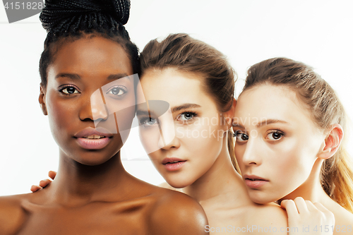 Image of three different nation woman: african-american, caucasian together isolated on white background happy smiling, diverse type on skin, lifestyle people concept