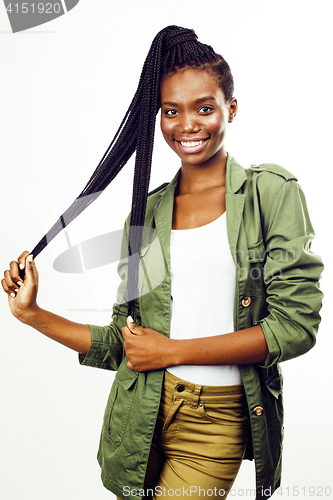 Image of young pretty african-american girl posing cheerful emotional on white background isolated, lifestyle people concept