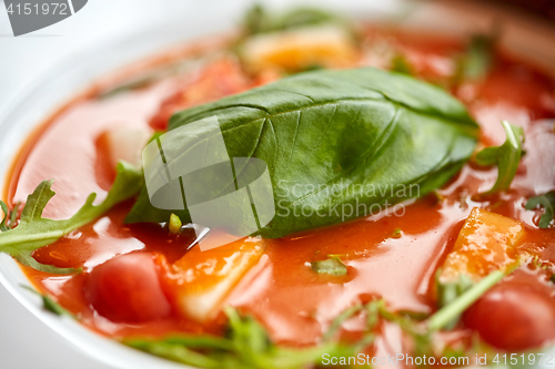 Image of close up of gazpacho soup at restaurant