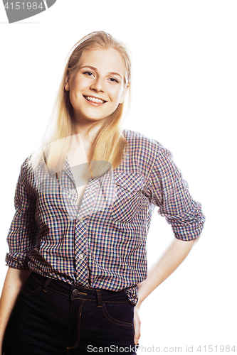 Image of young pretty blonde hair woman happy smiling isolated on white background, lifestyle people concept