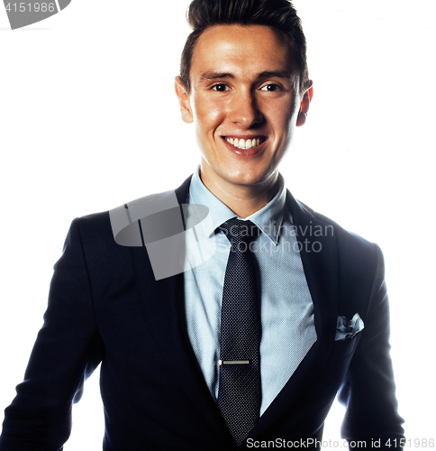 Image of young pretty business man standing on white background, modern hairstyle, posing emotional, lifestyle people concept