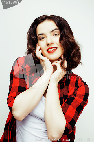 Image of young pretty stylish hipster girl posing emotional isolated on white background happy smiling cool smile, lifestyle people concept