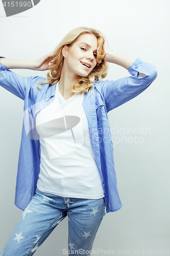 Image of young pretty stylish hipster teen girl posing emotional isolated on white background happy smiling cool smile, lifestyle people concept