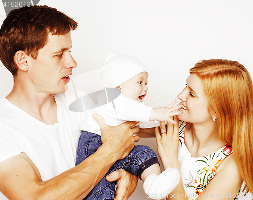 Image of young cute happy modern family, mother father son isolated on wh