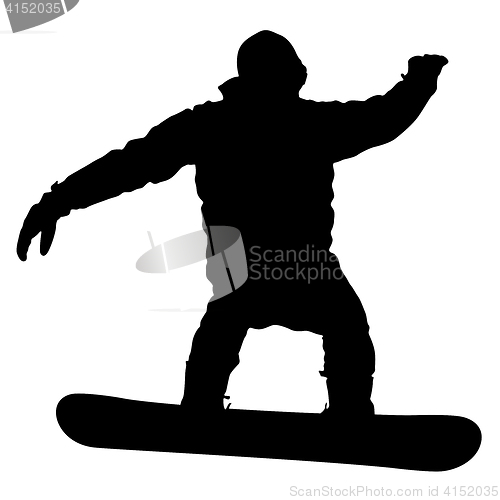 Image of Black silhouettes snowboarders on white background.