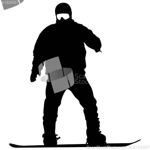 Image of Black silhouettes snowboarders on white background.