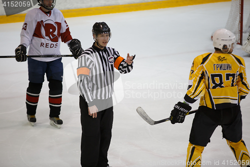 Image of Moscow, Russia - January, 07, 2017: Amateur hockey league LHL-77. Game between hockey team \"New Jersey 53\" and hockey team \"Reds\".