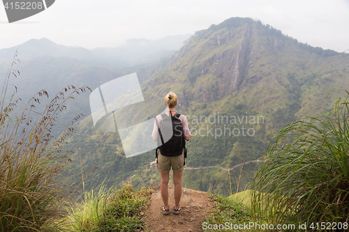 Image of Female tourist enjoying beautiful view of tea plantations, Sri Lanka.