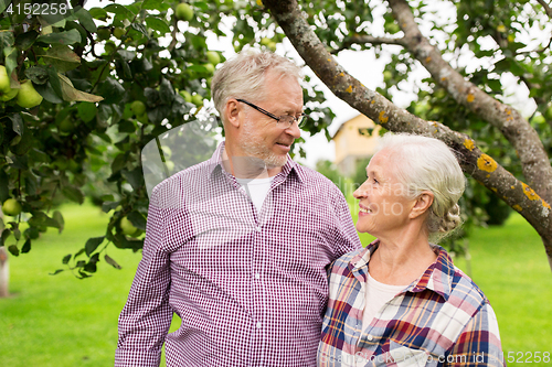 Image of happy senior couple hugging at summer garden