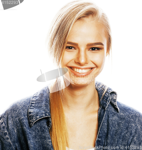 Image of young blond woman on white backgroung gesture thumbs up, isolate