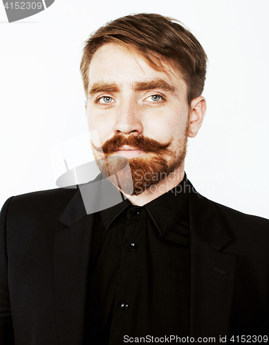 Image of young red hair man with beard and mustache in black suit on whit