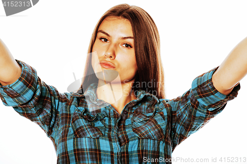 Image of cute teenage girls making selfie isolated