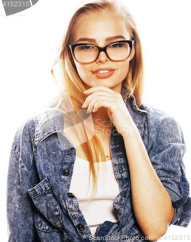 Image of young pretty girl teenager in glasses on white isolated blond ha